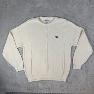 Vtg 90s Intel Sweater Mens L Tech Computer Electronic Cream Cable Knit‎ Grandpa